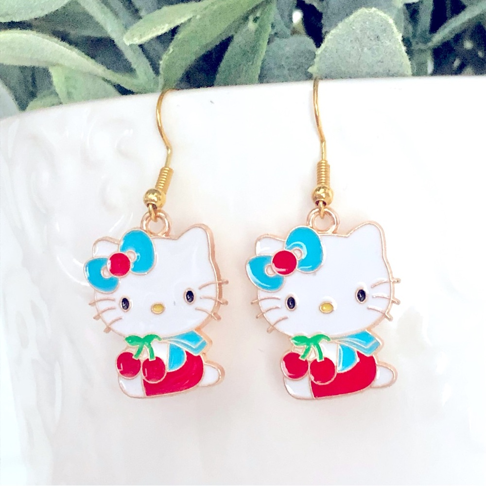 New Hello Kitty Pastel Pink Dangling Cherries Earrings Cat Cartoon Animal Cute